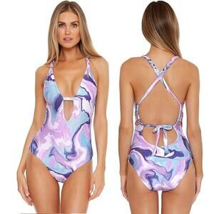 NWOT‎ Becca Blue Agate Skylar Braided Plunge One-Piece Sm Multi/Orchid Swimsuit